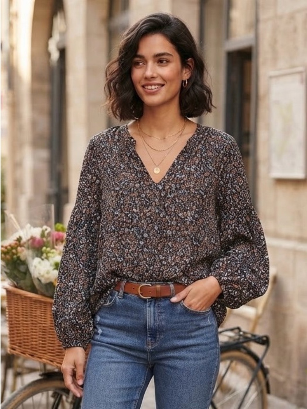 Signature Reitmans Black Floral V-Neck Blouse Long Sleeve Top Boho Earthy Chic